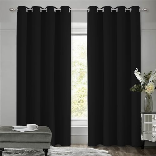 VEHEDE Schwarz Vorhänge Blickdicht Wohnzimmer, Thermovorhang Kälteschutz Verdunklungsvorhänge Gardinen mit Ösen Wohnzimmer, Ösenvorhang Scheibengardinen Modern, H 210 x B 140 cm, 2er Set von VEHEDE