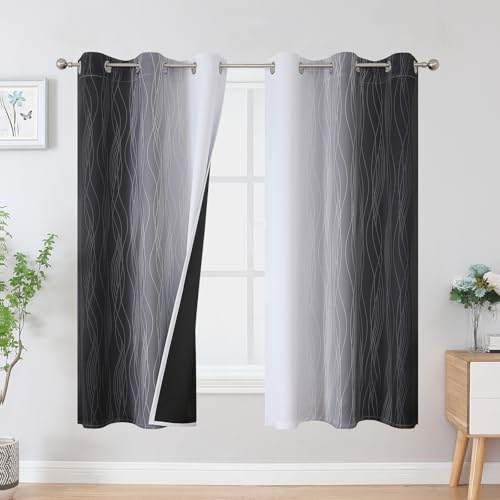 VEHEDE Schwarz und Weiß Farbverlauf Gardinen Wohnzimmer Thermovorhang gegen Kälte 2er Set Vorhänge Schlafzimmer mit Ösen, Verdunklungsvorhänge Blickdicht Ombre Kurz Fenster Küche, H 114 x B 107 cm von VEHEDE
