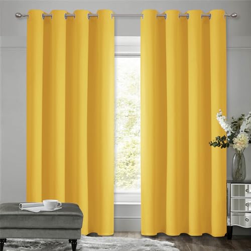 VEHEDE Verdunkelung Thermovorhang Kälteschutz Curtains, Thermo Verdunklungsvorhänge Wohnzimmer Blickdichte Vorhänge mit Ösen, Raumteiler Vorhang 183 cm Hoch, H 183 x B 117 cm Senfgelb, 2er Set von VEHEDE