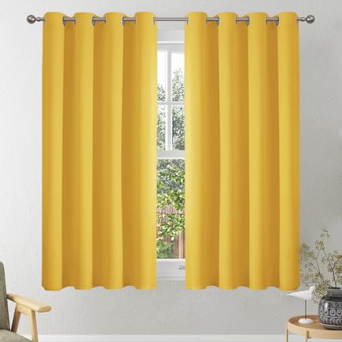 VEHEDE Verdunklungsvorhänge Ösenvorhang Gardinen mit Ösen Thermovorhang Hitzeschutz Blickdichte Vorhänge Verdunkelung Wohnzimmer, H 137 x B 140 cm, Senfgelb, 2er Set von VEHEDE