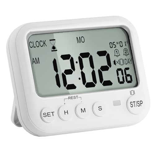 VEHHE Digitaler Eieruhr mit Countdown & Stoppuhr – Küchentimer mit großem LCD, Vibration, Lautlos-Modus, 2 Alarmen, 12/24h Anzeige, Magnet & Blinklicht – Timer Digital für Küche, Lernen, Senioren von VEHHE