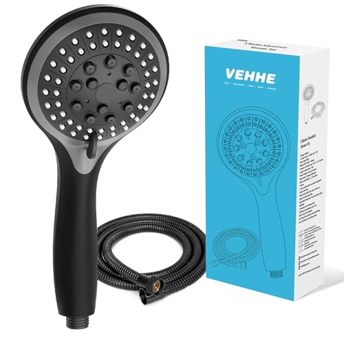 VEHHE Duschbrause mit Schlauch, Duschkopf mit 5 Strahlarten Schwarz, Handbrause Wassersparend mit Anti-Stau-Silikondüse, Hochdruck Brausekopf Dusche für Erwachsene Kinder Haustiere von VEHHE