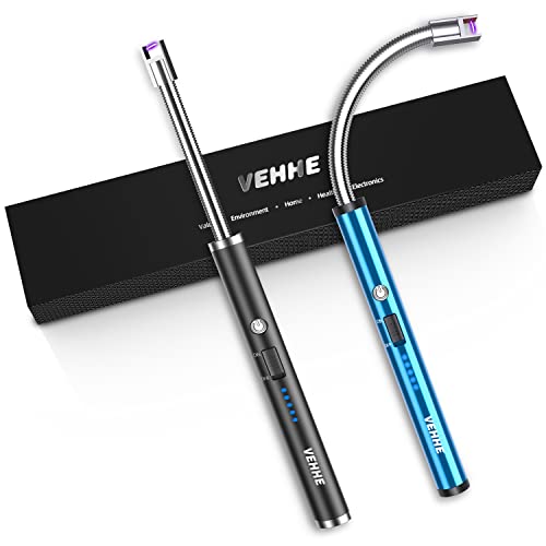 VEHHE Lichtbogen Feuerzeug, 2er Set Elektro Stabfeuerzeug USB Aufladbar LED-Display Feuerzeug Lang Elektrisch Flexibler Hals Geeignet für Küche Kerzen Gasherde Grill, Blau + Schwarz von VEHHE