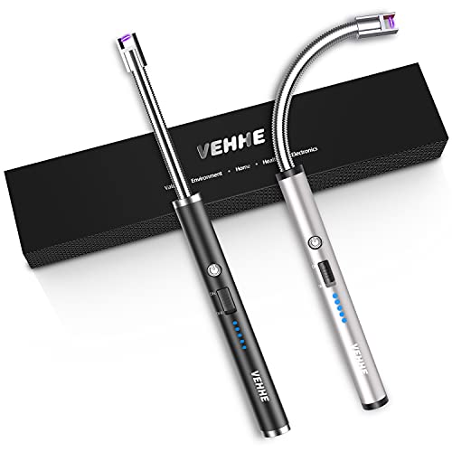 VEHHE Lichtbogen Feuerzeug, 2er Set Elektro Stabfeuerzeug USB Aufladbar LED-Display Feuerzeug Lang Elektrisch Flexibler Hals Geeignet für Küche Kerzen Gasherde Grill, Silber + Schwarz von VEHHE