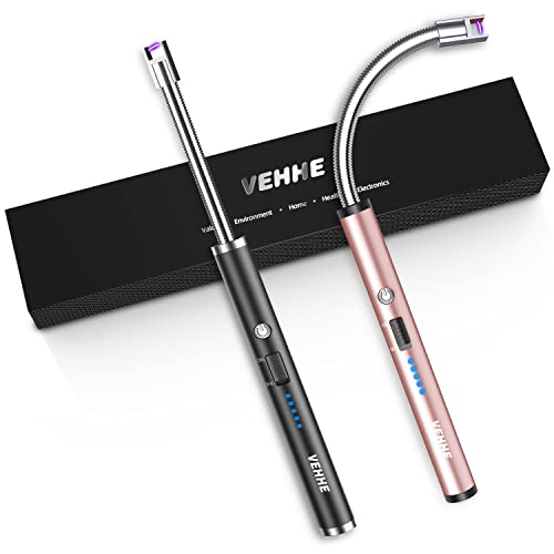 VEHHE Stabfeuerzeug, 2er Set Elektro Lichtbogen Feuerzeug USB Aufladbar LED-Display Feuerzeug Lang Elektrisch Flexibler Hals Geeignet für Küche Kerzen Gasherde Grill, Roségold + Schwarz von VEHHE