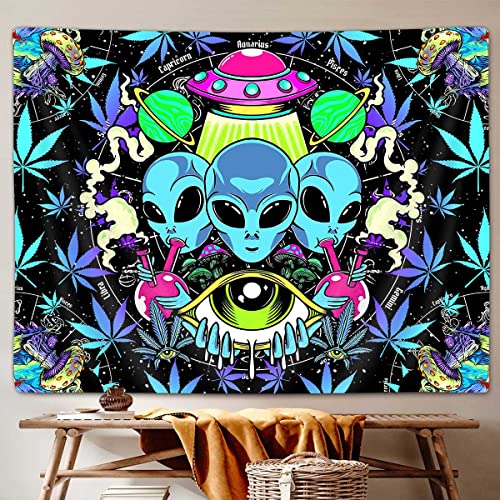 Cooles Trippy Weed Tapisserie, lustiger Alien-UFO Batik-Marihuana-Blatt-Tapisserie, Wandbehang für Männer Schlafzimmer, psychedelischer Pilz, Cannabis, College-Schlafsaal, Heimdekoration (60x40) von VEIGIKE