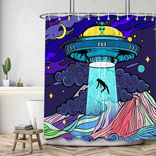 Lustiger UFO Alien Duschvorhang für Badezimmer, einzigartiger Spaß, Blau / Violett, Stoff Duschvorhänge-Set, Neuheit, seltsames Badezimmer-Dekor-Zubehör mit Haken, 183 x 183 cm von VEIGIKE