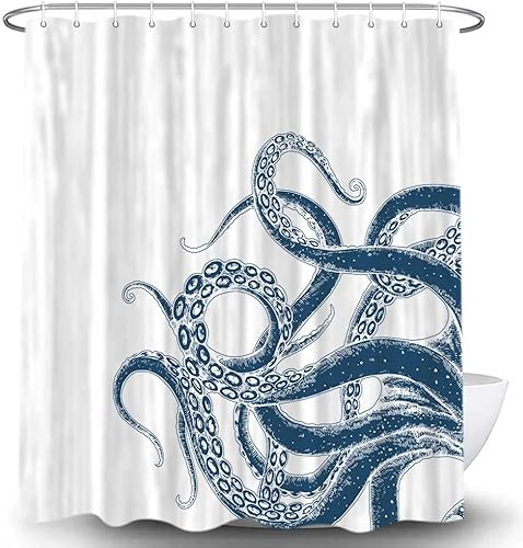 Octopus Dekor Duschvorhang für Badezimmer, lustiges blaues und weißes Meeresmonster Kraken Tier-Stoff-Duschvorhang-Set, einzigartige Neuheit, nautisches Kinder-WC-Zubehör mit Haken, 183 x 183 cm von VEIGIKE