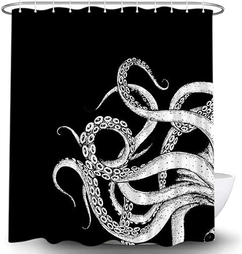 Oktopus-Dekor-Duschvorhang für Badezimmer, lustiges schwarz-weißes Meeresmonster, Kraken, Tier, Gothic-Stoff, Duschvorhang, einzigartige Neuheit, nautisches Gothic-WC-Zubehör mit Haken, 182 x 183 cm von VEIGIKE