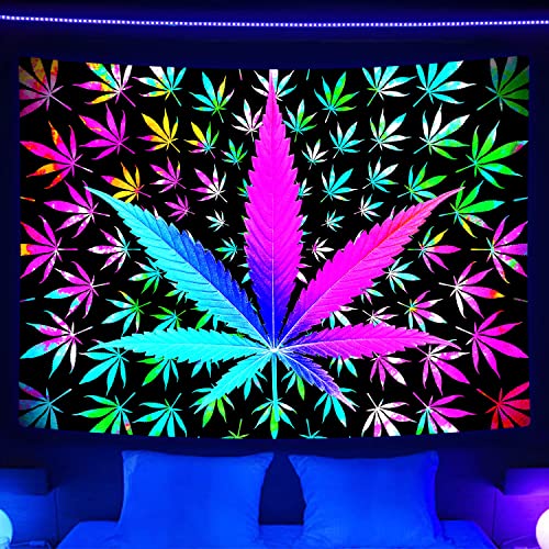 VEIGIKE Cooles Trippy Weed Schwarzlicht Tapisserie UV reaktiv, Neon Tie Dye Marihuana Blatt Cannabis Schwarzlicht Kunst Poster für Männer Zimmer Schlafzimmer Psychedelic Glow in The Dark Decke Party von VEIGIKE