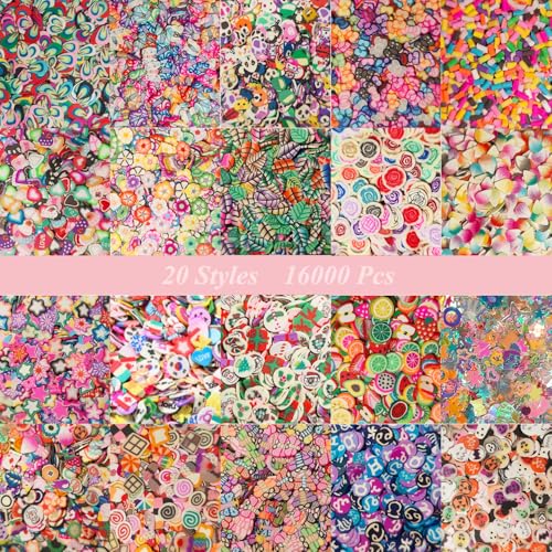 16000 Stück (20 Stile) Clay-Scheiben Reize, VEINARDYL Nagel-Kunst-Scheiben Obst Herz Blume 3D Polymer-Ton für DIY Kunsthandwerk Kunstharz Schleim machen Handy-Dekoration von VEINARDYL