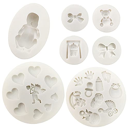 7 Stück Fondant Silikon-Formen, VEINARDYL 3D schlafendes Baby Thema Zucker Handwerk Kuchen Dekoration Cupcake Topper Crafting Projekte Kaugummi-Paste Harz-Polymer-Ton-Formen von VEINARDYL