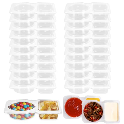 VEINARDYL 20 Stück 2-Fach Gewürzbehälter, Wiederverwendbare Snack-Behälter mit Deckel Kleine Snackbox (140 ml) Soßenbecher Für unterwegs, Mahlzeiten im Freien und Partys von VEINARDYL