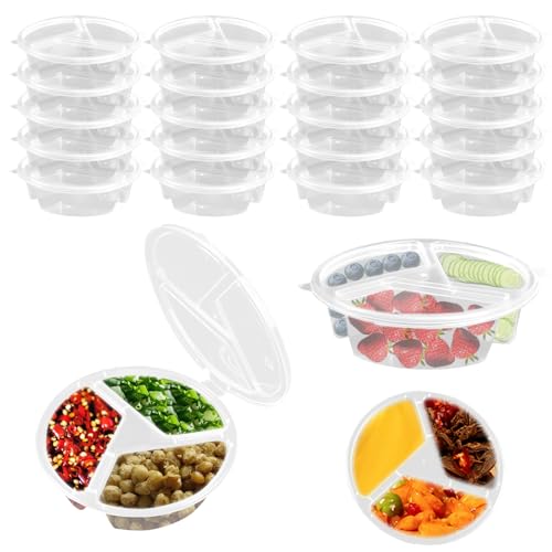 VEINARDYL 20 Stück 3-Fach Gewürzbehälter, Wiederverwendbare Snack-Behälter mit Deckel Kleine Snackbox (140 ml) Soßenbecher Für unterwegs, Mahlzeiten im Freien und Partys von VEINARDYL
