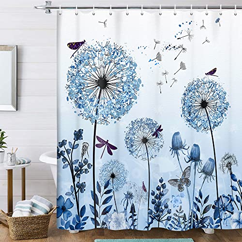 Eleganter Duschvorhang mit Löwenzahn und Libellen, Blaugrün, Wildblumen, Kräuter, antiker botanischer Duschvorhang für Badezimmer, Stoff, ästhetisch, abstrakte Blumen, moderner Vorhang, 178 x 178 cm von VEIVIAN