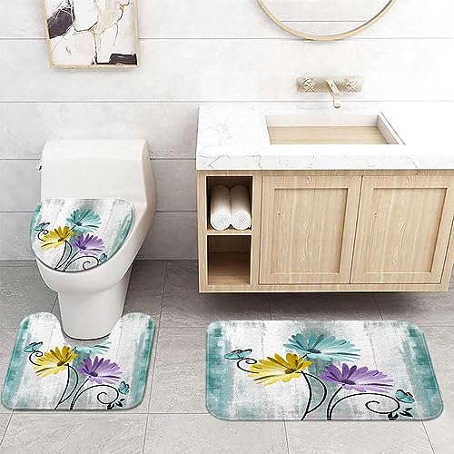 Rustikales Bauernhaus-Badematten-Set, Bauernhof, Blaugrün, Gänseblümchen, Blumen und Schmetterling auf dem Land, aus Holz, Badezimmermatten-Set mit rutschfestem Badteppich, weichem WC-Deckelbezug und von VEIVIAN