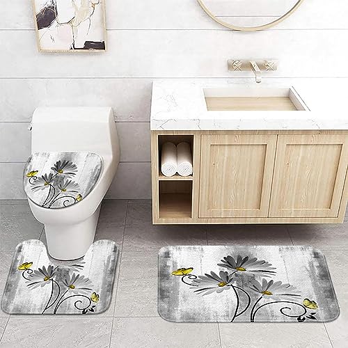 Rustikales Bauernhaus-Badematten-Set, Bauernhof, graue Gänseblümchen, Blumen und Schmetterling auf dem Landhaus, Holz-Badematten-Set mit rutschfestem Badteppich, weichem WC-Deckelbezug und Konturmatte von VEIVIAN