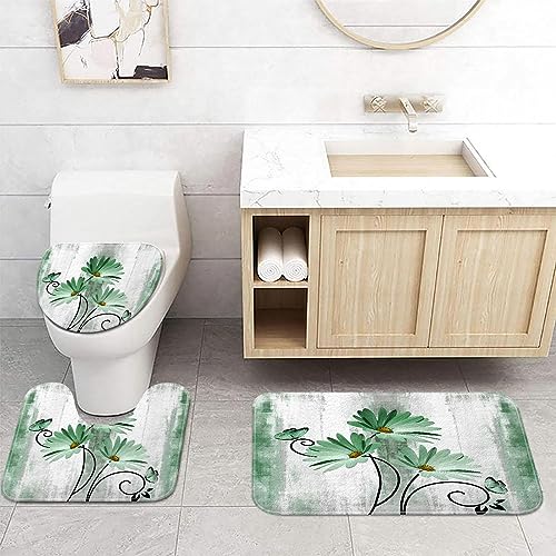 Rustikales Bauernhaus-Badematten-Set – Gänseblümchen Blumen & Schmetterlinge Landhaus-Badematte aus Holz mit rutschfestem Badteppich, weicher WC-Deckelbezug, Konturmatte – Türkis von VEIVIAN