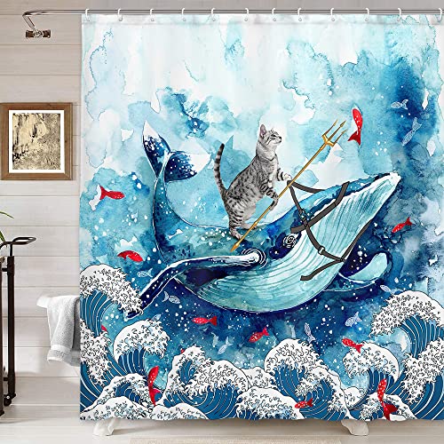 VeiVian Duschvorhang mit lustiger Katze, Wal, lustige Katze, die Dreizack im Ozean hält, niedlicher Kinder-Duschvorhang für Badezimmer, Aquarell, blaues Dekor mit 12 Haken, 178 x 178 cm von VEIVIAN