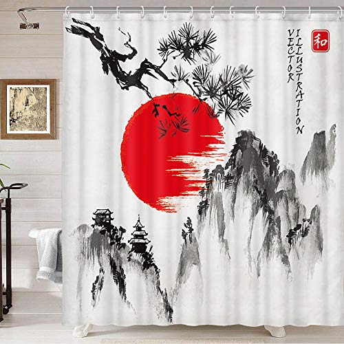 VeiVian Japanischer Duschvorhang, Kiefernzweig und Sonne mit felsigen Bergen Duschvorhang für Badezimmer, japanische Tintenmalerei, Anime, Badezimmer-Vorhang mit 12 Haken, 178x178 cm von VEIVIAN