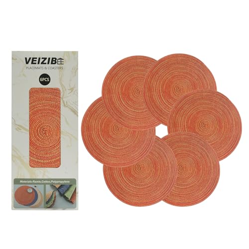Geflochtene Tischsets Abwaschbar Platzsets auch als Untersetzer Kaffeematte，Unslipp Runde Platzmatten Esstisch Europäischer Stil Natürliches Material Hand Gewebte Stoff Tischmatte (Orange-36cm-6pcs von VEIZIBEE