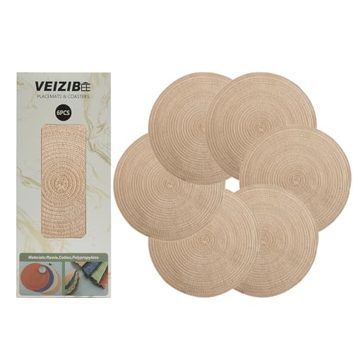 Geflochtene Tischsets Abwaschbar Platzsets auch als Untersetzer Kaffeematte，Unslipp Runde Platzmatten Esstisch Europäischer Stil Natürliches Material Hand gewebte Stoff Tischmatte (Beige-30cm-6pcs) von VEIZIBEE
