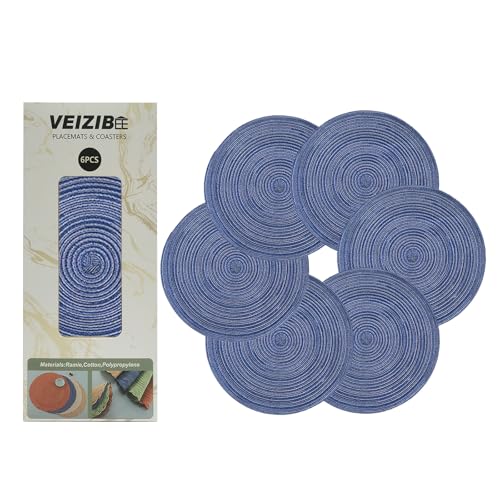 Geflochtene Tischsets Abwaschbar Platzsets auch als Untersetzer Kaffeematte，Unslipp Runde Platzmatten Esstisch Europäischer Stil Natürliches Material Hand gewebte Stoff Tischmatte (Blue-36cm-6pcs) von VEIZIBEE