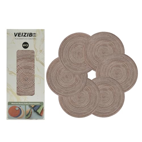 Geflochtene Tischsets Abwaschbar Platzsets auch als Untersetzer Kaffeematte，Unslipp Runde Platzmatten Esstisch Europäischer Stil Natürliches Material Hand gewebte Stoff Tischmatte (Coffee-36cm-6pcs) von VEIZIBEE