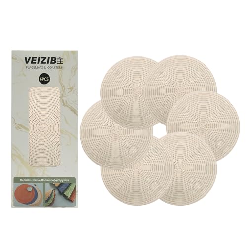 Geflochtene Tischsets Abwaschbar Platzsets auch als Untersetzer Kaffeematte，Unslipp Runde Platzmatten Esstisch Europäischer Stil Natürliches Material Hand gewebte Stoff Tischmatte (White-30cm-6pcs) von VEIZIBEE