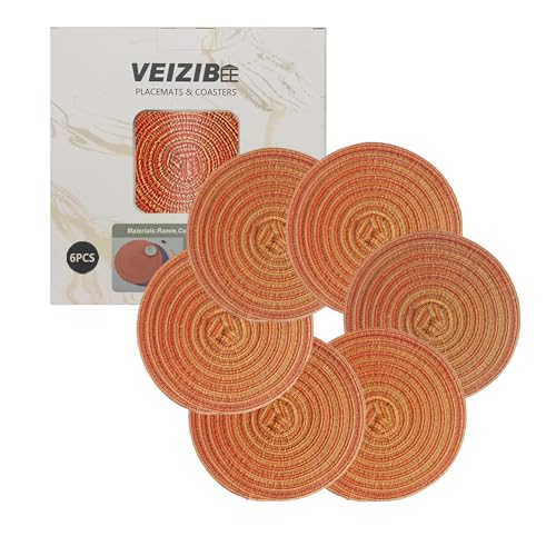Geflochtene Untersetzer or Kaffeematte 18cm Tischsets Abwaschbar Platzsets auch als Essensmatte Kinder Runde Platzmatten Esstisch Natürliches Material Hand gewebte Stoff Tischmatte (Orange-18cm-6pcs) von VEIZIBEE