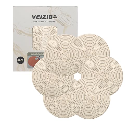 Geflochtene Untersetzer or Kaffeematte 18cm Tischsets Abwaschbar Platzsets auch als Essensmatte Kinder Runde Platzmatten Esstisch Natürliches Material Hand gewebte Stoff Tischmatte (White-18cm-6pcs) von VEIZIBEE