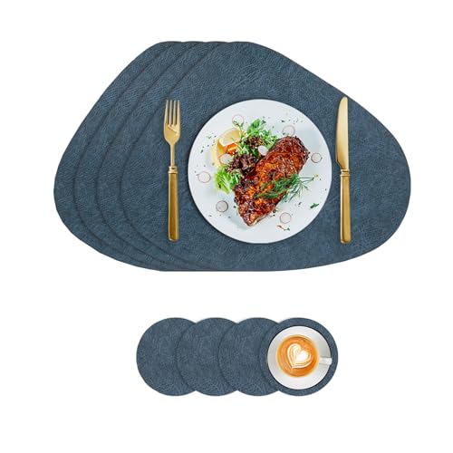 Tischsets Kunstleder und Untersetzer, Tischsets Abwaschbar Doppelseitigen rutschfest Rund Platzdeckchen, Lederoptik Platzsets Teller Untersetzer, Isolierung schützt den Tisch (Blau-Gelb) von VEIZIBEE