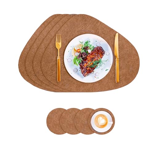Tischsets Kunstleder und Untersetzer, Tischsets Abwaschbar Doppelseitigen rutschfest Rund Platzdeckchen, Lederoptik Platzsets Teller Untersetzer, Isolierung schützt den Tisch (Braun) von VEIZIBEE