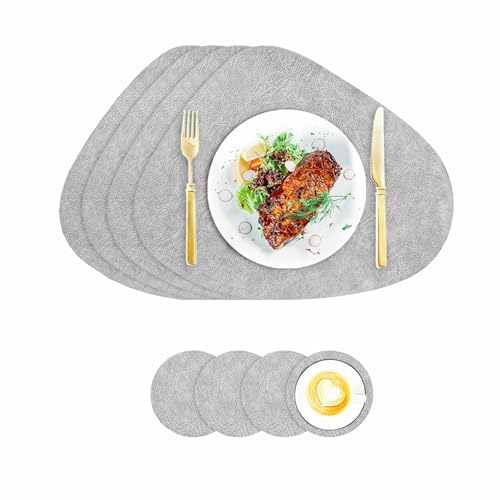 Tischsets Kunstleder und Untersetzer, Tischsets Abwaschbar Doppelseitigen rutschfest Rund Platzdeckchen, Lederoptik Platzsets Teller Untersetzer, Isolierung schützt den Tisch (Grau-Hellblau) von VEIZIBEE