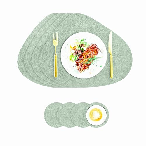 Tischsets Kunstleder und Untersetzer, Tischsets Abwaschbar Doppelseitigen rutschfest Rund Platzdeckchen, Lederoptik Platzsets Teller Untersetzer, Isolierung schützt den Tisch (Grün-Beige) von VEIZIBEE