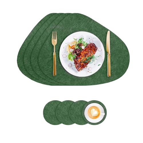 Tischsets Kunstleder und Untersetzer, Tischsets Abwaschbar Doppelseitigen rutschfest Rund Platzdeckchen, Lederoptik Platzsets Teller Untersetzer, Isolierung schützt den Tisch (Grün-Grau) von VEIZIBEE