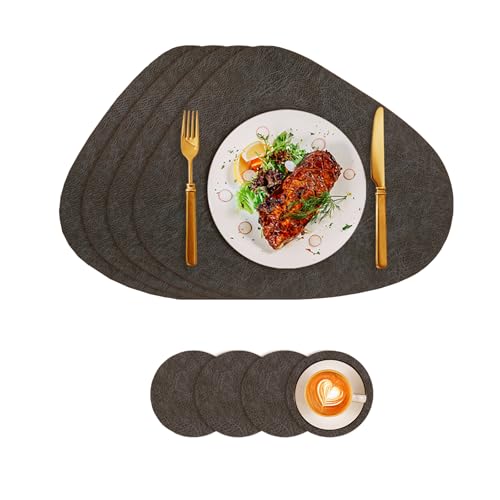 Tischsets Kunstleder und Untersetzer, Tischsets Abwaschbar Doppelseitigen rutschfest Rund Platzdeckchen, Lederoptik Platzsets Teller Untersetzer, Isolierung schützt den Tisch (Kaffee-Schwarz) von VEIZIBEE