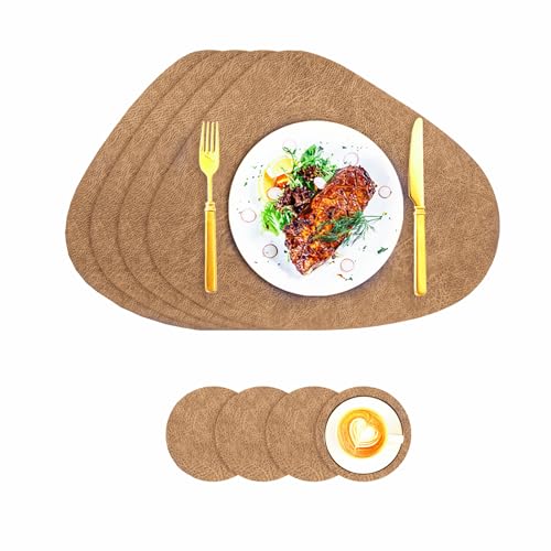 Tischsets Kunstleder und Untersetzer, Tischsets Abwaschbar Doppelseitigen rutschfest Rund Platzdeckchen, Lederoptik Platzsets Teller Untersetzer, Isolierung schützt den Tisch (Khaki) von VEIZIBEE