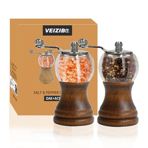 VEIZIBEE Gewürzmühle Pfeffermühle & Salzmühle 2er 5zoll Set, Klassisches Geröstetes Schwarzes Manuelles Pfeffermühlen Gewürzmühle Verstellbarem Keramikmahlwerk Kunststoff Chilimühle von VEIZIBEE