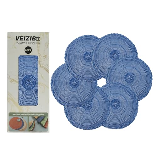 VEIZIBEE Tischmatten, Hitzebeständige geflochtene Tischsets Spitze Mahlzeit Matte Waschbare Anti Rutsch Runde Platzmatten für Küche, Hand gewebte Stoff Tischmatten von Ramie (Blau, 38cm) von VEIZIBEE