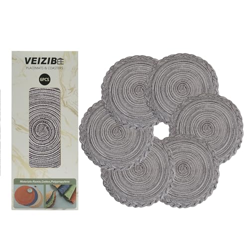 Platzsets Tischmatten 35cm Hitzebeständige geflochtene Tischsets Spitze Mahlzeit Matte Waschbare Anti Rutsch Runde Platzmatten für Küche, Hand gewebte Stoff Tischmatten von Ramie von VEIZIBEE