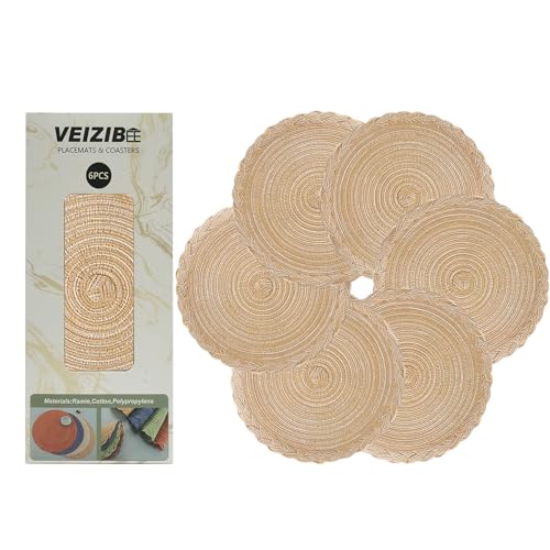 VEIZIBEE Tischsets oder Untersetzer， Gewebte runde Tischsets 6er 30cm, Tischmatten Hitzebeständige Geflochtene Tischsets Waschbare Runde Hand gewebte Platzmatten für Küche Esstisch Europäische Art von VEIZIBEE