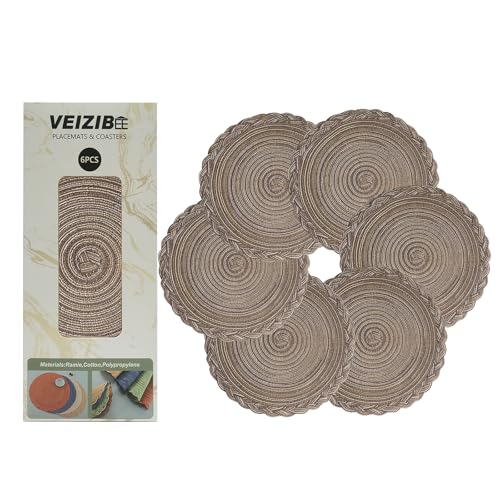 VEIZIBEE Tischsets oder Untersetzer， Gewebte runde Tischsets 6er 30cm, Tischmatten Hitzebeständige Geflochtene Tischsets Waschbare Runde Hand gewebte Platzmatten für Küche Esstisch Europäische Art von VEIZIBEE