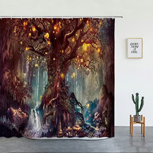 VEKETE Elfen Mädchen Duschvorhang Fantasy Enchanted Forest Home Badezimmer Dekor Pilz Blume Pflanze Hängende Vorhänge,1,B90xH180cm von VEKETE