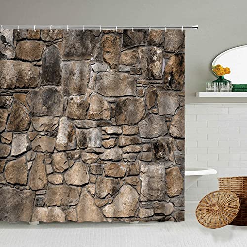 VEKETE Steinmauer-Duschvorhang, Efeugrüne Blätter, Die Auf Rustikalen Marmorfelsen Klettern, Steinwand-Stoff-Badezimmer-Duschvorhänge-Set,18,B90xH180cm von VEKETE