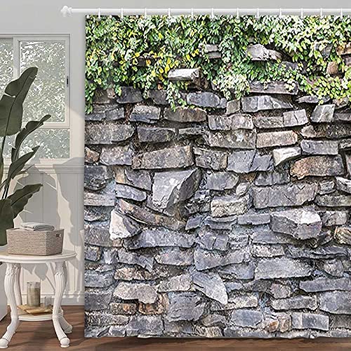 VEKETE Steinmauer-Duschvorhang, Efeugrüne Blätter, Die Auf Rustikalen Marmorfelsen Klettern, Steinwand-Stoff-Badezimmer-Duschvorhänge-Set,2,B90xH180cm von VEKETE