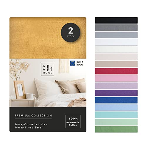 VelvetHome Doppelpack Spannbettlaken 120x200cm | 100% gekämmte Baumwolle 165gsm | 2er Set Bettlaken 120x200 bis 25 cm Matratzenhöhe | Jersey | Premium Qualität | Senf Farbe | 120 x 200 von VEL VET HOME