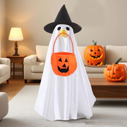 VELATEMOR Halloween Porch Gans Kostüm - Ghost -Outfit mit Umhang, Hut und Kürbisbeutel von Black Witch für 23 Zoll Rasengänsedekor. Gänsegartendekoration Verkleiden von VELATEMOR