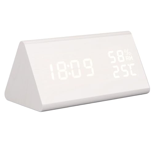 VELATEMOR LED -Wecker mit Temperatur- und Feuchtigkeitsanzeige, Digitaler Takt mit Großer Bildschirm, Einstellbare Helligkeit, Sprachalarm, 11 Verschiedene Töne, USB Ladung, MDF ABS (Weißes Holz) von VELATEMOR