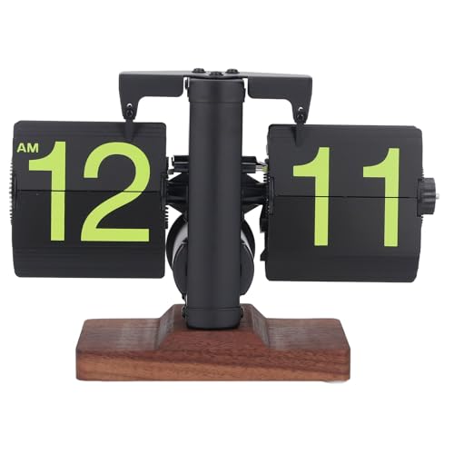 VELATEMOR Retro Mechanical Flip Clock, Automatische Flip -Down -Schreibtischuhr, 12 Stunden Einseitige (Schwarze Rahmenseiten fluoreszierende Buchstaben) von VELATEMOR
